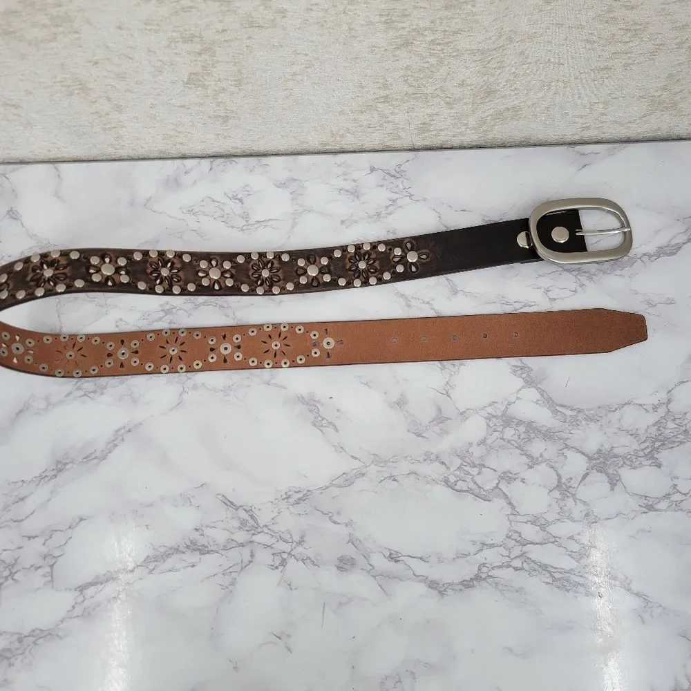 Brown Leather Studded Belt Floral Cutouts Oversized Silver Toned Oval Buckle